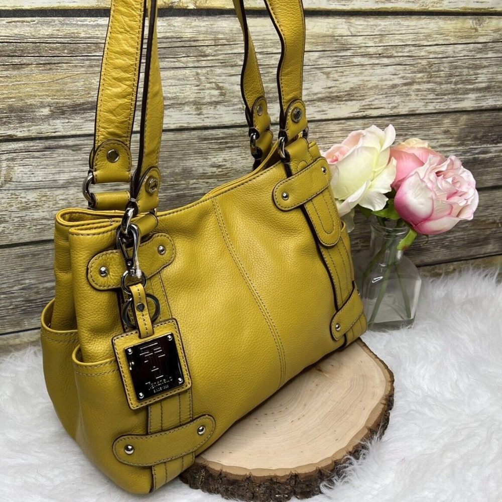 Tignanello Dark Yellow Pebbled Leather Purse Tote HandBag Satchel Shoulder Bag